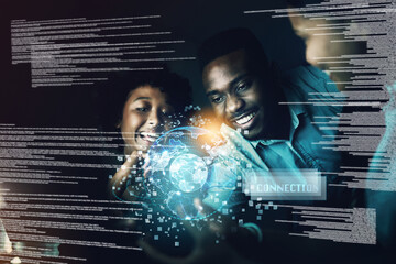 Business, black people and globe hologram in office for teamwork, cloud computing or connection at...