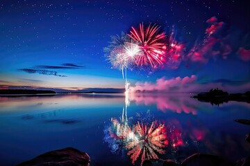 fireworks in dark blue sky reflecting off the surface of water