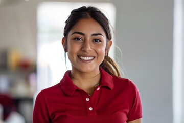 A young mexican community manager wearing a red polo shirt in a well illuminated white office, laugh