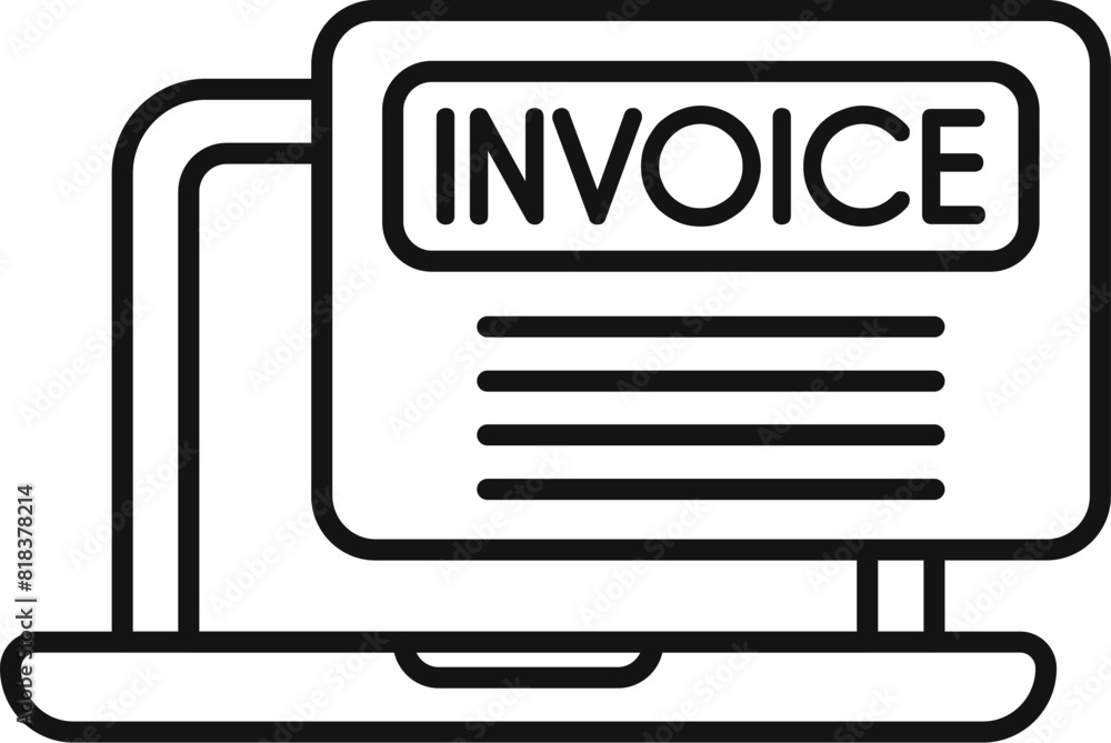 Poster black and white line art of a laptop computer displaying an invoice icon on the screen