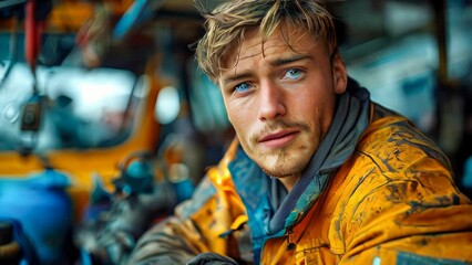 Portrait of a male worker in a uniform working in a factory