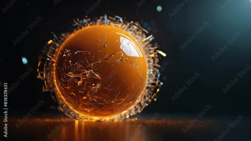 Poster abstract yellow background with golden wireframe round sphere with particles, space for text