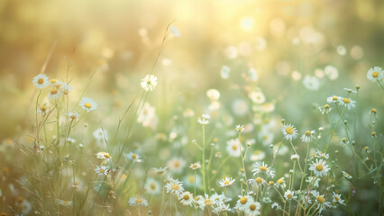 Fototapeta na wymiar Spring Serenity: Daisies in Sunlight with a Blurred Meadow Backdrop