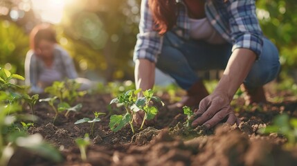 A woman is planting a seedling in the garden