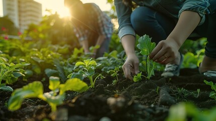 Fototapeta premium A young couple is planting seedlings in their garden