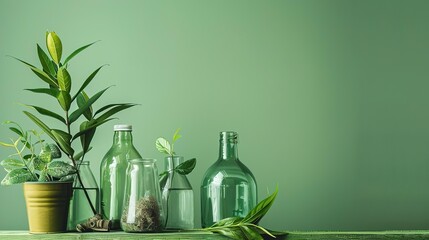Still life photography of a variety of plants in glass containers on a wooden table against a solid green background.