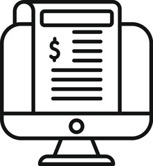 Illustration of a simple black and white online financial report icon on a computer screen for internet banking and digital finance management.Vector iconography symbol for business technology and ele