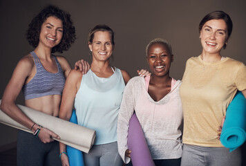 Woman, group and portrait of friends in yoga class, activewear and smile for fitness in wellness...