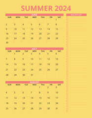 Large Summer 2024 Calendar with bucket list
