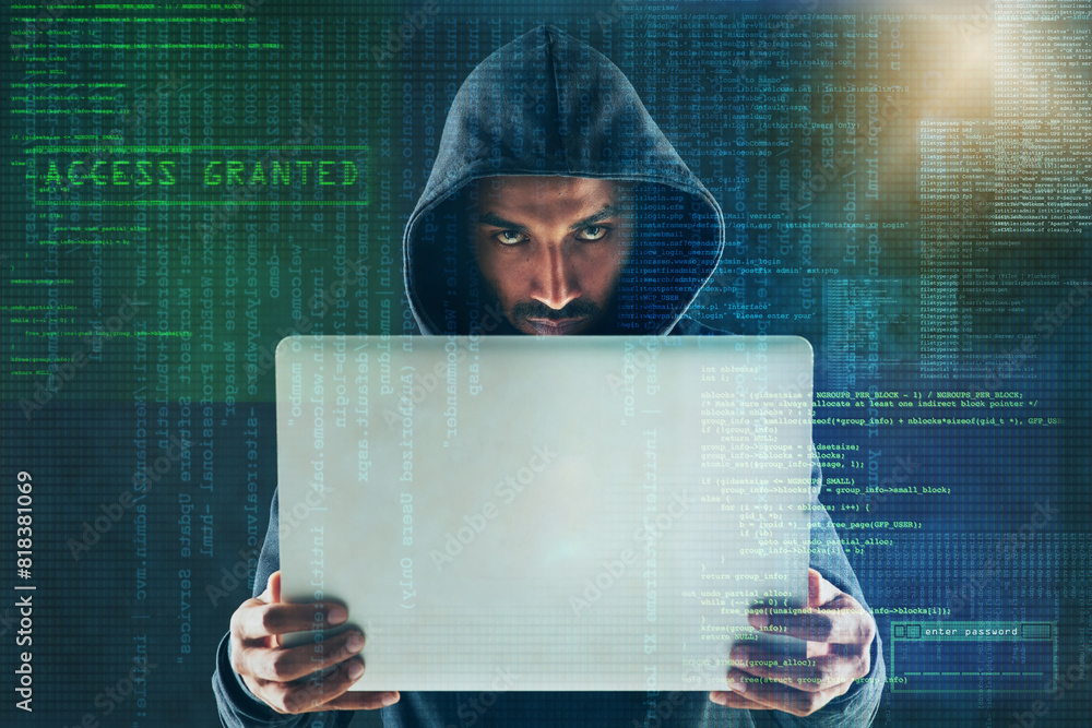 Aufkleber Overlay, programming and portrait of hacker on laptop for coding virus, malware and information technology. Dark, user interface and person on computer for online crime, fraud and cybersecurity