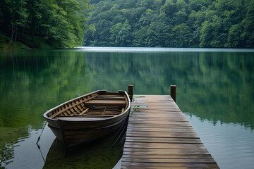 Obraz premium wooden dock, showcasing woodworking in architecture. Detailed wooden planks with natural textures, a small wooden boat tied to the dock, calm reflective water, surrounded by a lush forest,