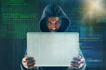 Overlay, programming and portrait of hacker on laptop for coding virus, malware and information...