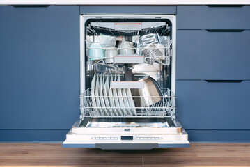 Dishwasher in modern blue kitchen