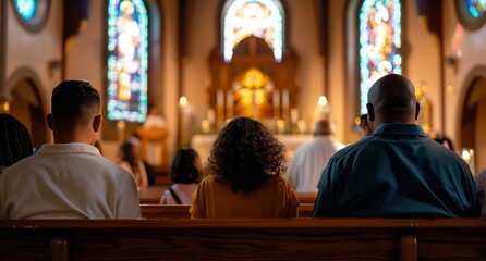 Obraz premium people sitting in church praying, rear view. prayer