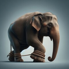 Un elefante adulto amarrado en sus patas, dominado,  dificultando su progreso y avance 