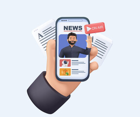 Online News and Blogs concept 3D illustration. A digital newsreader presents live updates from around the globe, encapsulating a world connected by information Vector illustration