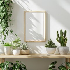The wooden frame is placed on a shelf against a white wall. On the shelf are several potted plants and trailing plants. There is sunlight shining through the window on the left.
