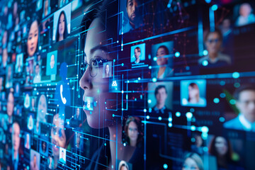 The diverse faces on the big screen monitor during a global corporation's online videoconference illustrate an artistic portrayal of interconnectedness