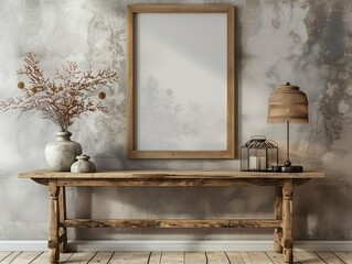 Rustic wooden table with a vase of flowers and a lamp on a grunge background.