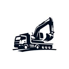silhouette of an excavator on a truck, vector logo design concept
