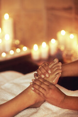 Hands, foot massage and masseuse with woman at spa for luxury, calm and relaxing pamper routine....