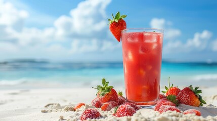 Cold strawberry cocktail on a sunny beach on a blurred background of blue sky
