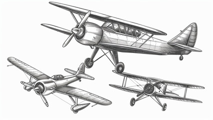 
Flying aircraft. Retro plane. Hand sketch aviation in vintage engraving . Vector illustration isolated 3d avatrs set vector icon, white