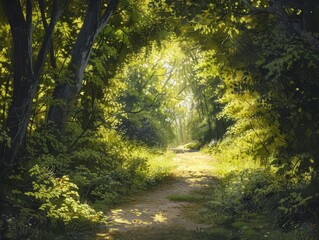 A serene forest pathway leading to a bright clearing