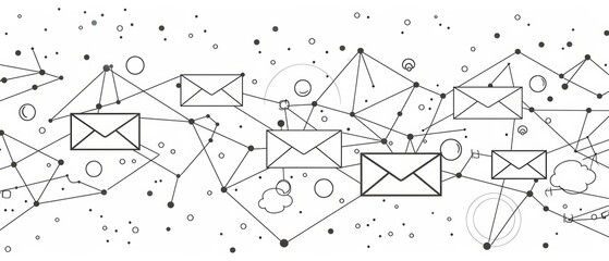 A sketch illustration of interconnected email icons linked by lines and nodes