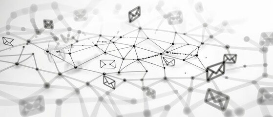A sketch illustration of interconnected email icons linked by lines and nodes