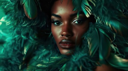 Fashion editorial Concept. Closeup portrait of pretty black woman chiseled features, surround in emerald green soft feathers boa. illuminated dynamic composition dramatic lighting. copy text space