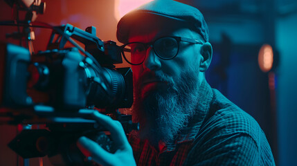 Focused Male Cinematographer With Beard, Wearing Cap And Glasses, Records Vibrant Scene On Professional Camera In Dimly Lit Studio, Capturing Essence Of Modern Videography And Storytelling. PHOTOGRAPH