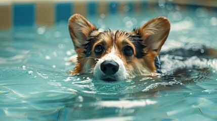 Photo of a corgi dog swimming in an indoor pool