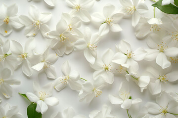 panoramic shot of jasmine flowers on white surface