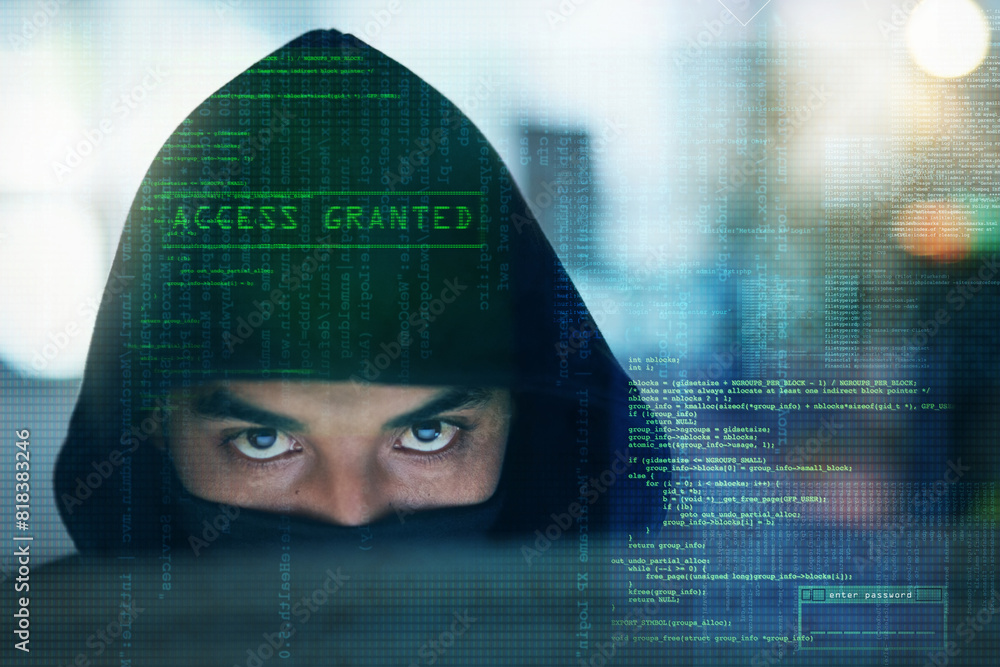 Aufkleber Hacker, online system and man with code for programming, malware and information technology in dark. Cybersecurity, computer interface and portrait of person for online crime, fraud and install virus
