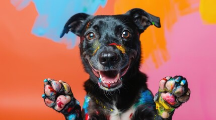 A colorful and creative photograph of a black dog covered in paint
