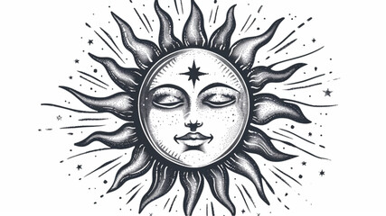 
Glowing sun with a face. Hand drawn illustration in boho  for mystical design, tarot cards, tattoo and sticker 3d avatrs set vector icon,