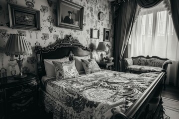 Monochrome bedroom with bed, lamps, window in blackandwhite photo