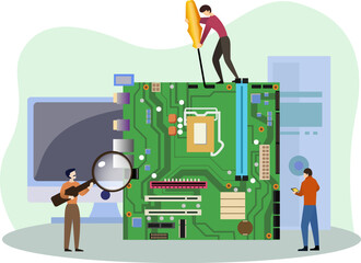 computer technician repairing motherboard vector graphic illustration, industry, and technology concept	