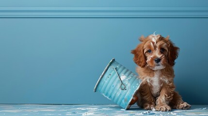 Adorable cocker spaniel puppy sits beside a paint bucket, looking up with big brown eyes.