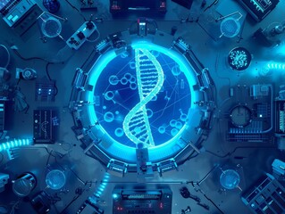Obraz premium A topview image of a hightech laboratory with a glowing blue holographic DNA strand in the center