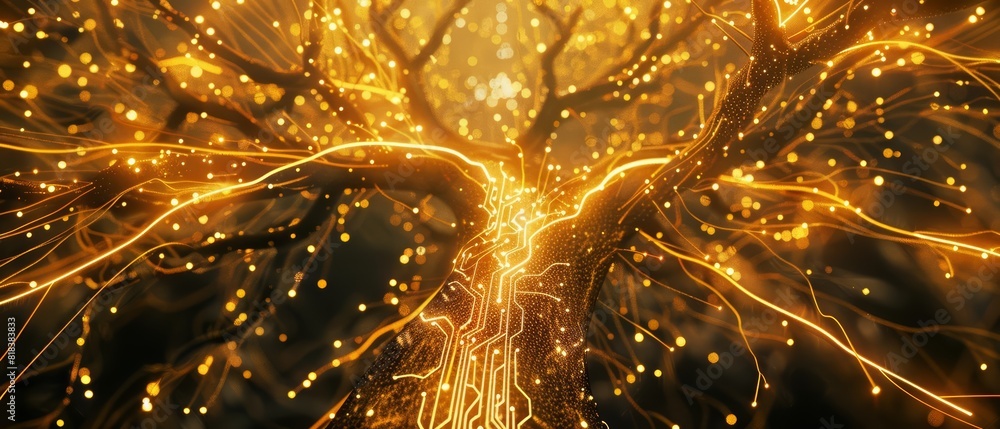 Poster a topview image of a tree formed by glowing circuit lines and connections