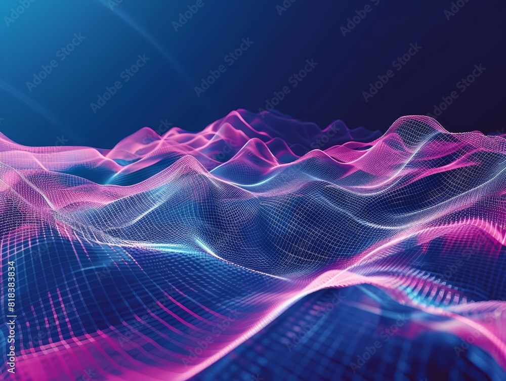 Poster a topview image of an abstract digital landscape with interconnected geometric shapes and a flowing 