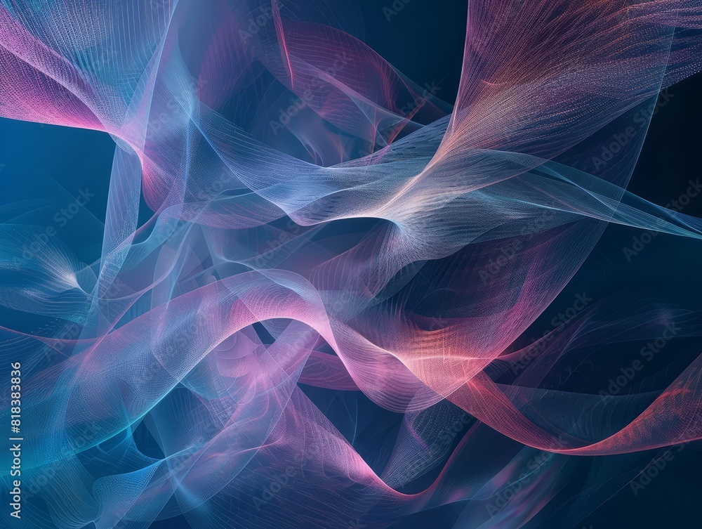 Poster a topview image of an abstract digital landscape with interconnected geometric shapes and a flowing 