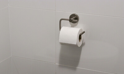 Close up of a white toilet paper roll hanging on a modern chrome holder in bathroom