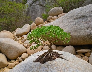 Small tree sprouted from the rock, new life, hope, resilience, green plant growing in stone