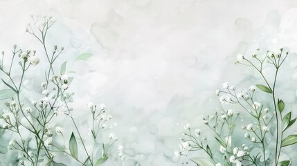 Illustration of a greeting card template watercolor painting of delicate white gypsophila flowers and green leaves blended background. Mockup for invitation card