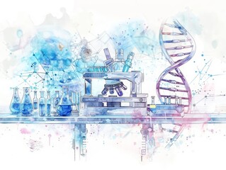A watercolor clipart of a futuristic lab with a holographic DNA strand on a white background