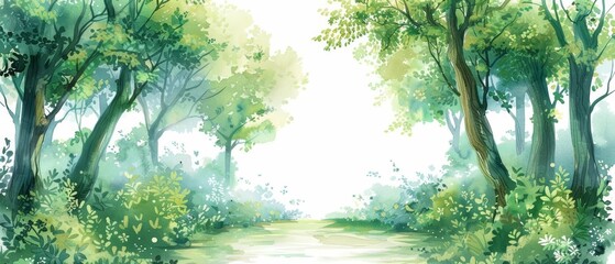 A watercolor clipart of a forest pathway leading to a bright clearing on a white background
