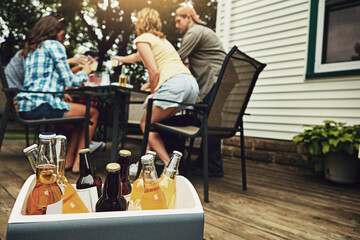 Alcohol, case and outside on weekend with friends for beer, cider and spirits on porch or backyard....